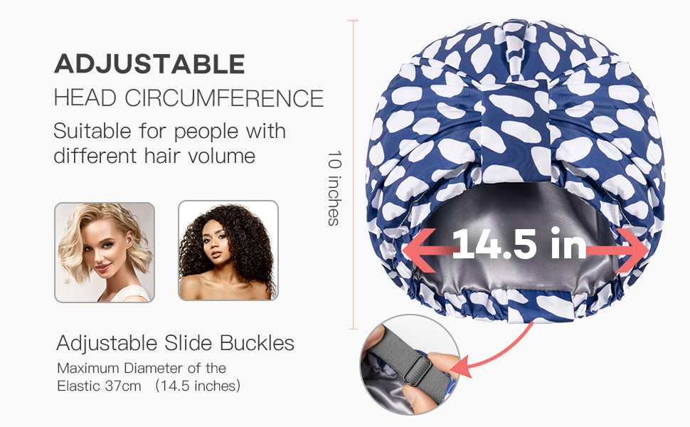 Luxury Shower Cap for Women Reusable Waterproof, Double Layered Shower Hair Cap with Adjustable Elastic Strap, Large Satin Lined Shower Bath Cap for Long Curly Straight Hair, Blue