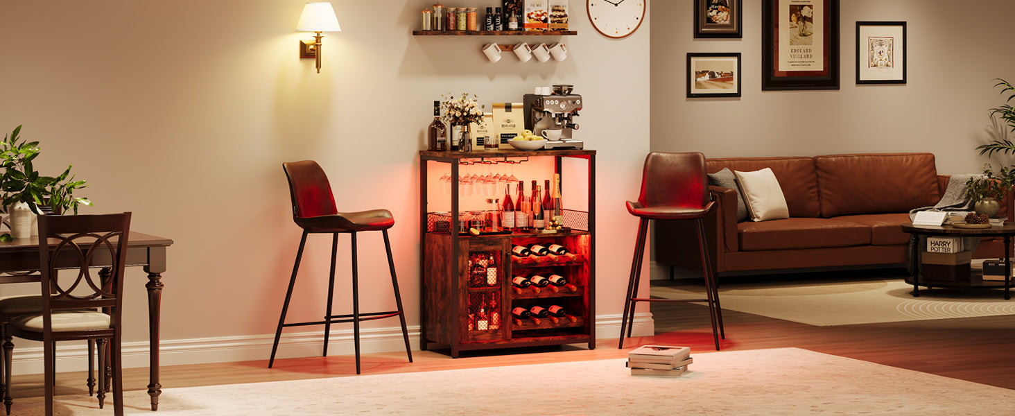 Wine Bar Rack Cabinet with LED Light, Adjustable Shelves Coffee Bar Cabinet with Mesh Door and Baffle Design, 36″ Tall Small Liquor Bar Cabinet for Home, Kitchen, Dinning Room, Rustic Brown