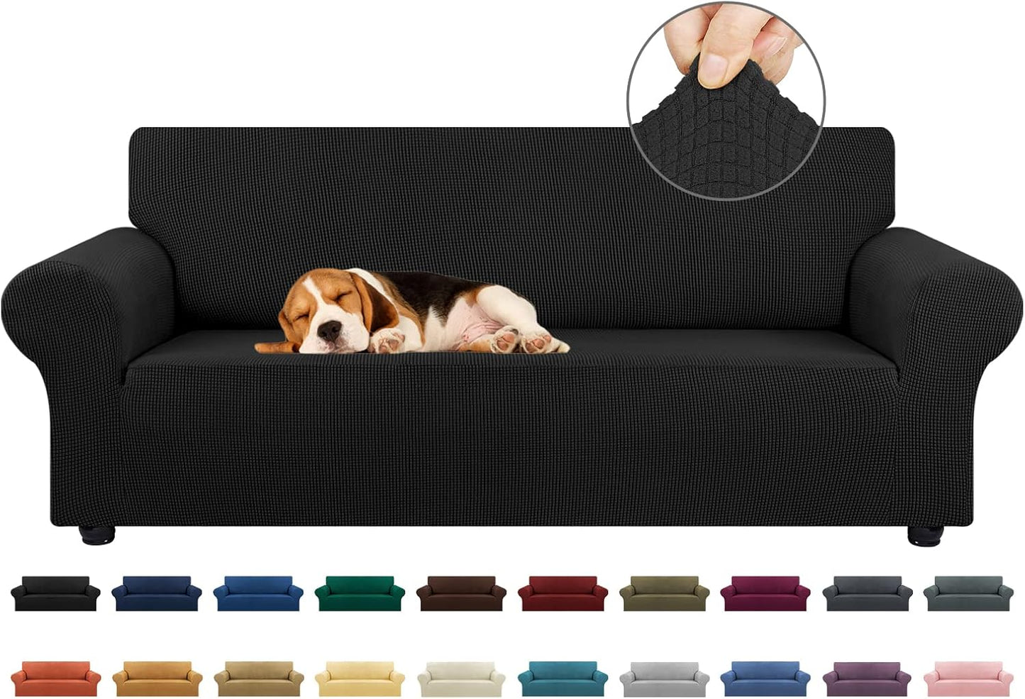 Stretch Sofa Cover Slipcover ，Couch Covers for 3 Cushion Couch Sofa pet Friendly (78"-94") Furniture Protector Sofa with Elastic Bottom for Kids,Dog, Jacquard Small Checked(Large,Black)
