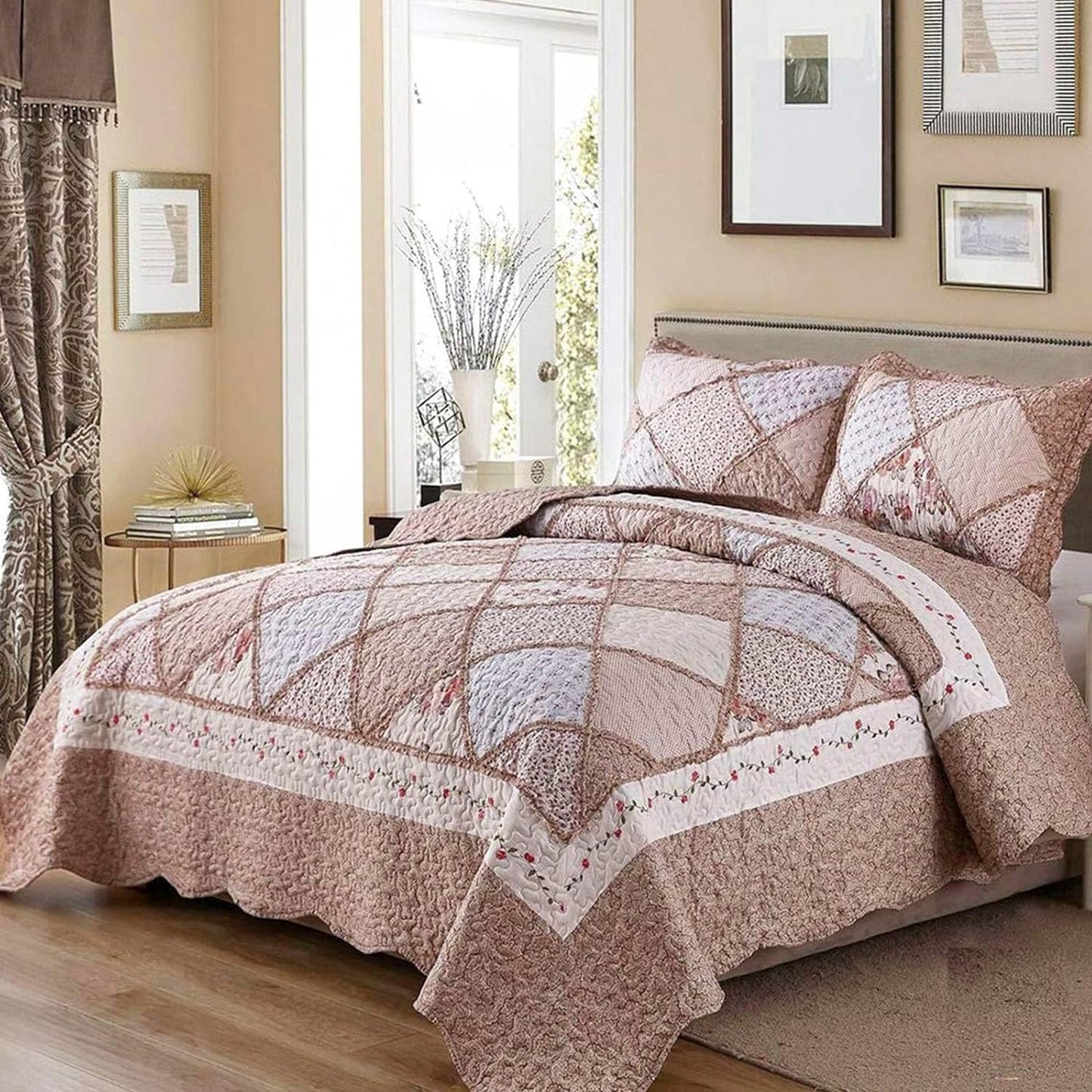Blue Floral Patchwork Quilt Set, Full Queen Size, 3 Piece Bedding Set with 2 Pillowcases | Blue Patchwork Quilt, Queen Size Bedspread, Reversible Quilt Set, Floral Quilt Set, Patchwork Quilt Set, Queen Comforter Set