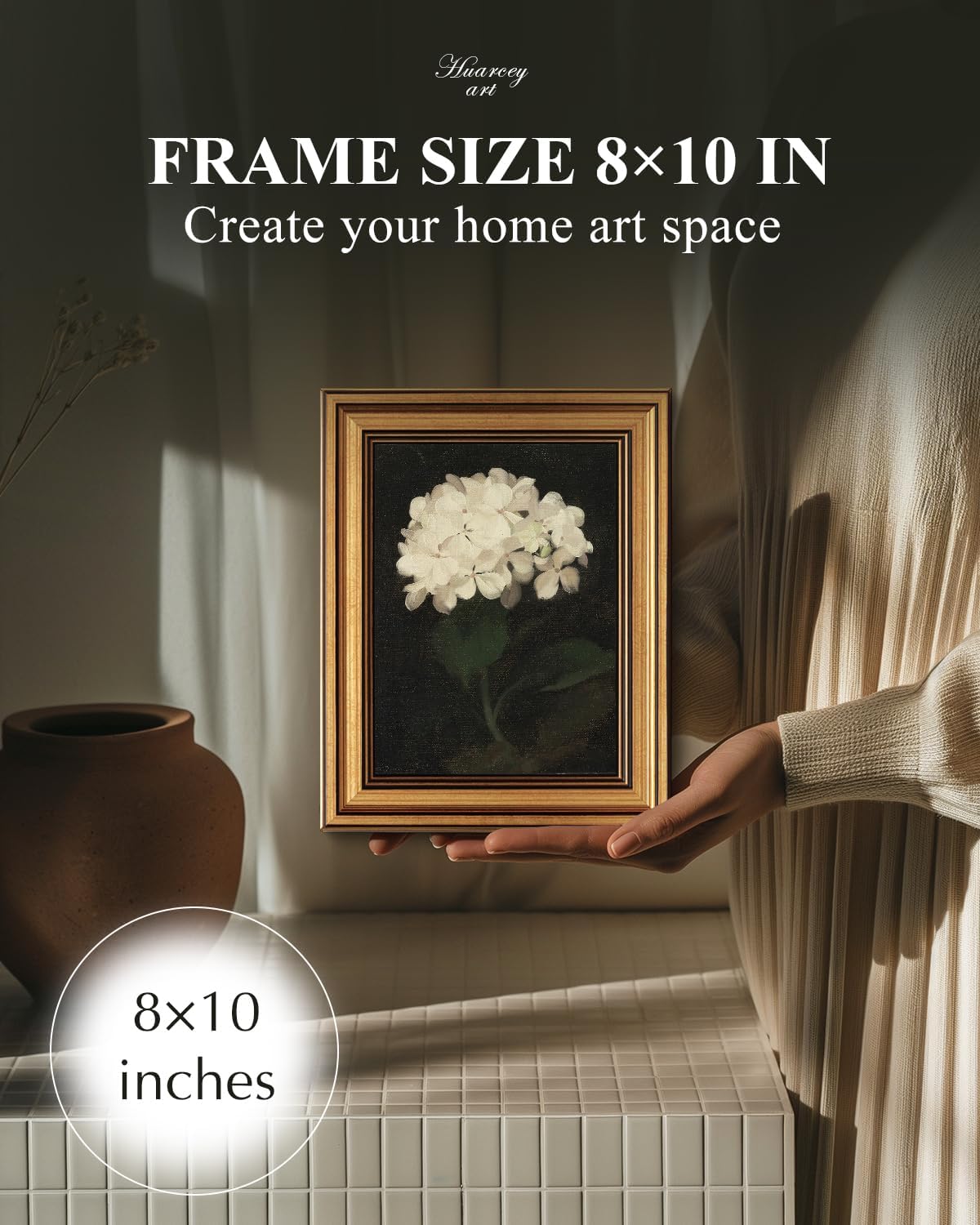Gold Framed Vintage Wall Art for Living Room, Flowers Painting Canvas Prints Shelf Decor for Kitchen, Aesthetic Bedroom Wall Art, Christmas Gifts for Friends or Family (White Hydrangea 8"x10")