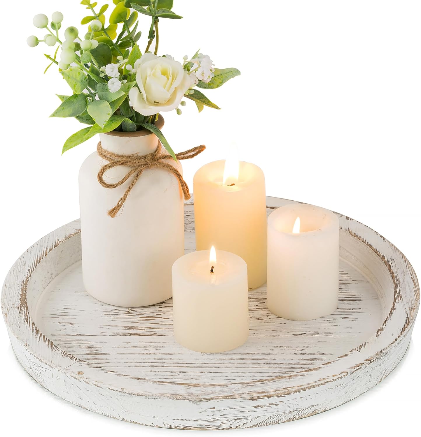 Candle Plate Holder Tray: Round Wood Decorative Candle Plate - Rustic Farmhouse CoffeeTable Decor - Tealight Pillar Trays for Home Decor (Distressed)