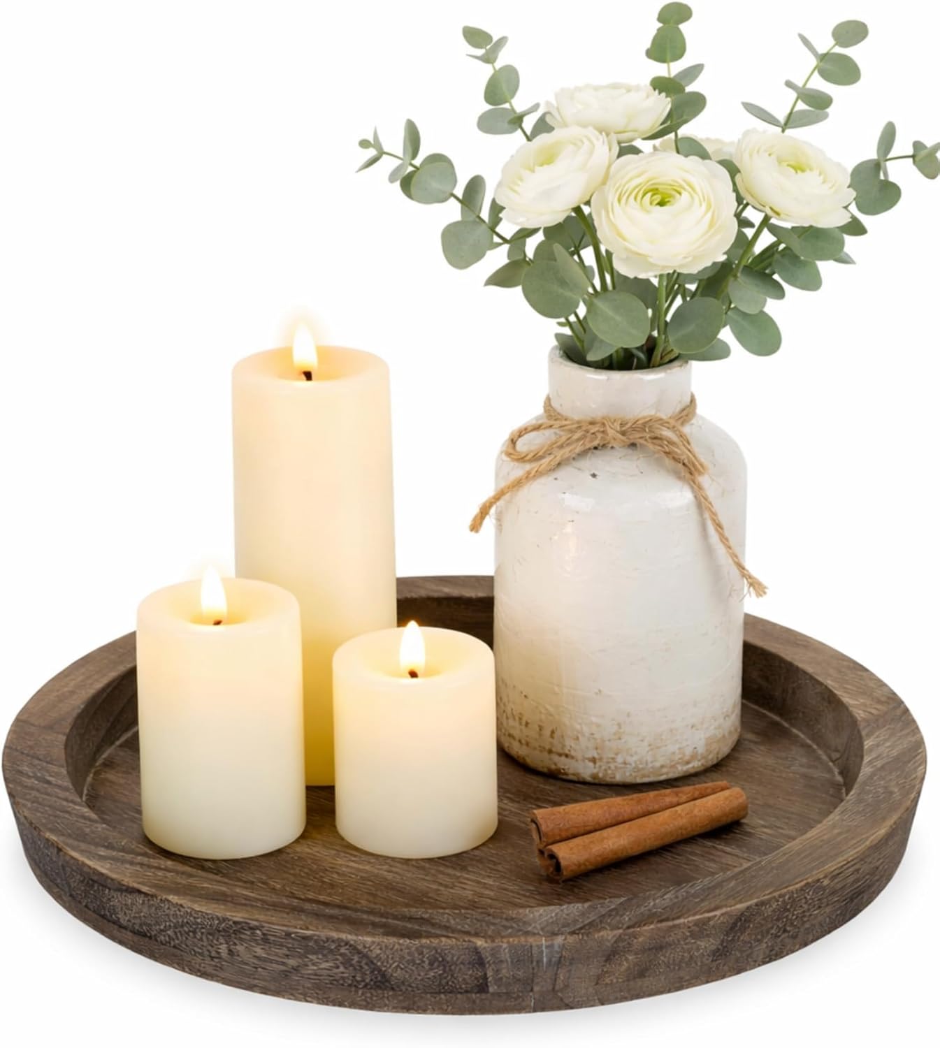 Candle Plate Holder Tray: Round Wood Decorative Candle Plate - Rustic Farmhouse CoffeeTable Decor - Tealight Pillar Trays for Home Decor (Distressed)