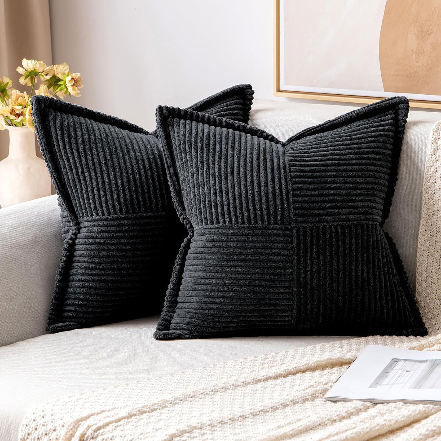 MIULEE Decorative Throw Pillow Covers for Couch Bed Livingroom 18x18 Inch Set of 2 Beige Boho Accent Throw Pllows Broadside Striped Patchwork Soft Corduroy Pillowcases
