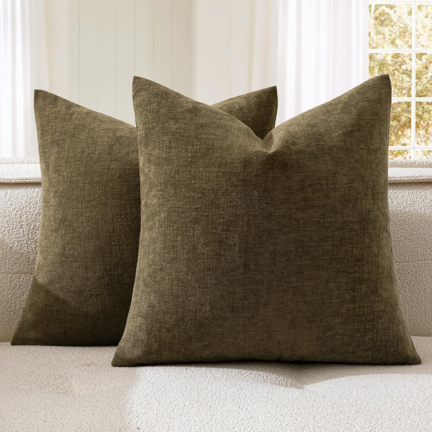 Olive Green Couch Pillow Covers 18x18 Inch, Set of 2 Soft Chenille Decorative Square Throw Pillow Covers Farmhouse for Sofa Living Room Bed
