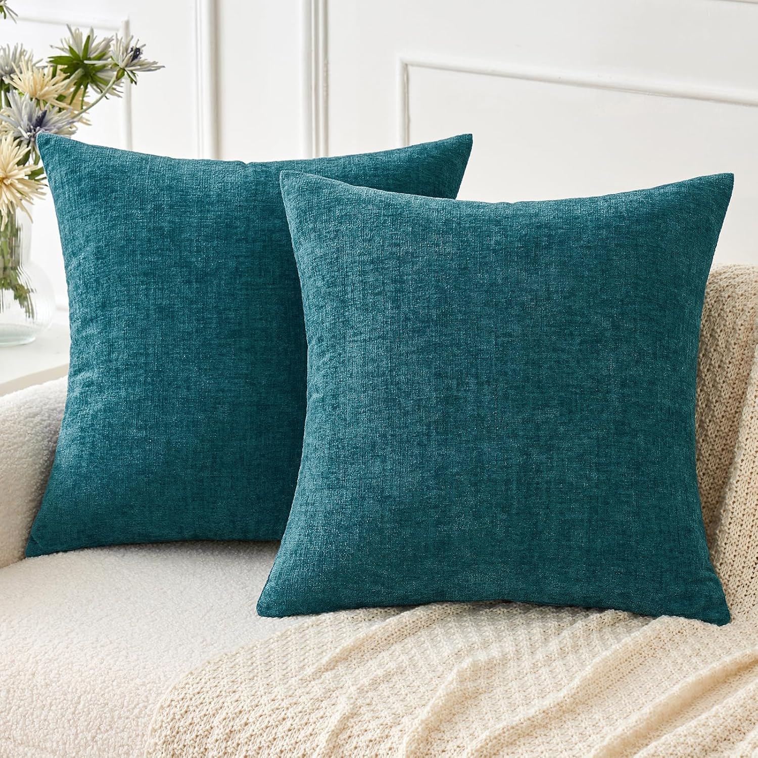 MIULEE Pack of 2 Couch Throw Pillow Covers 18x18 Inch Spring Soft Sage Green Chenille Pillow Covers for Sofa Living Room Solid Dyed Pillow Cases
