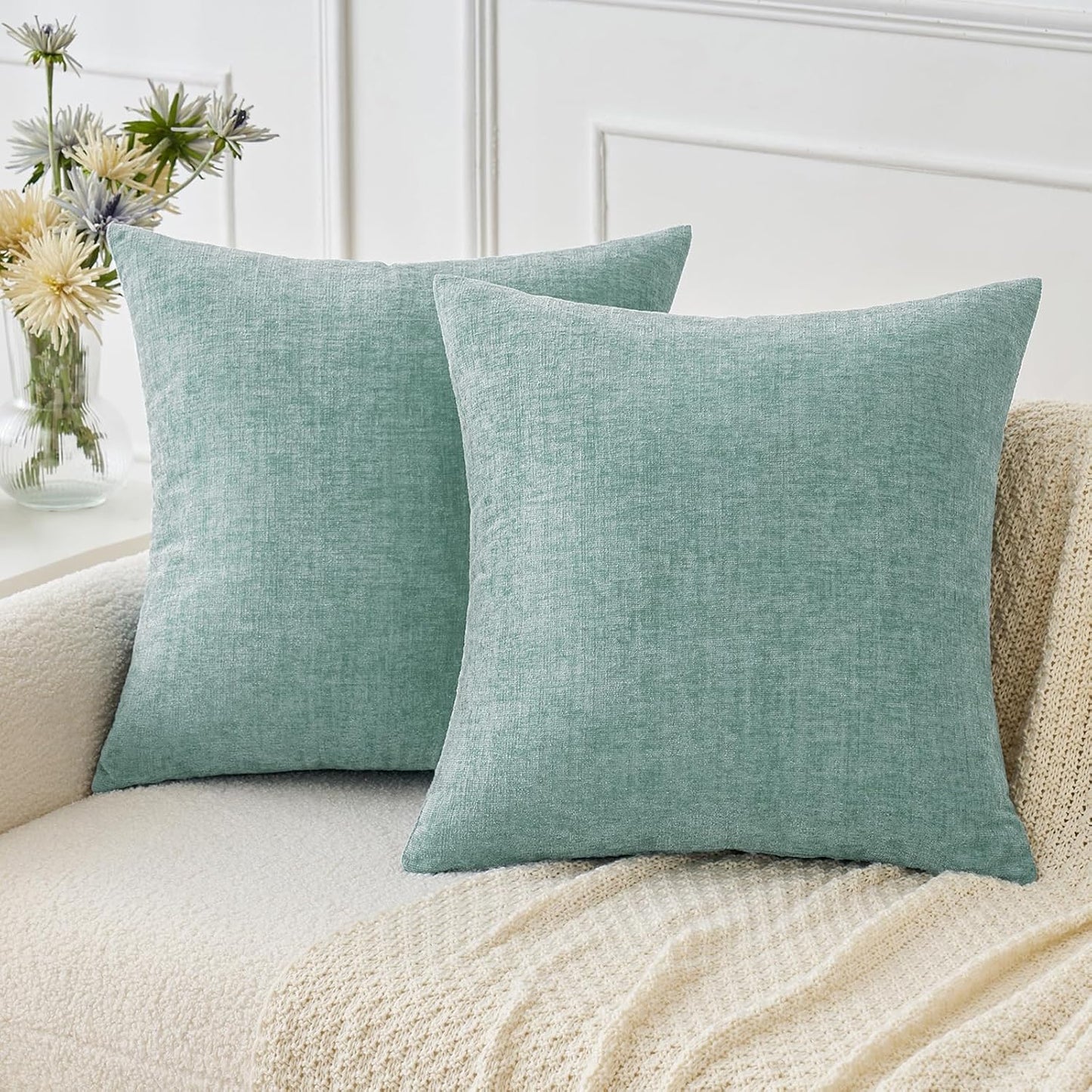 MIULEE Pack of 2 Couch Throw Pillow Covers 18x18 Inch Spring Soft Sage Green Chenille Pillow Covers for Sofa Living Room Solid Dyed Pillow Cases