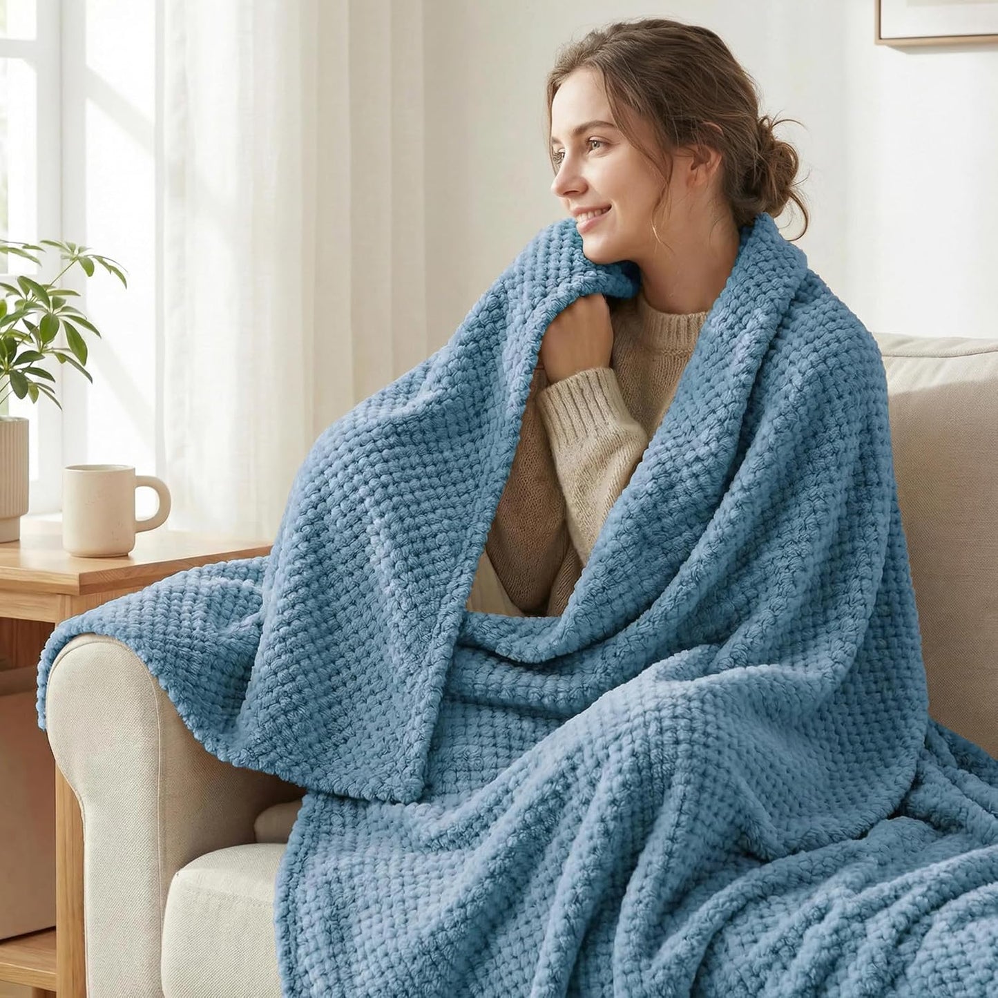 Fleece Throw Blanket Extra Large, Super Soft and Warm Blankets for Couch, Sofa and Bed Waffle Textured, Cozy, Fuzzy and Lightweight (Slate Blue, 50x70 Inches)