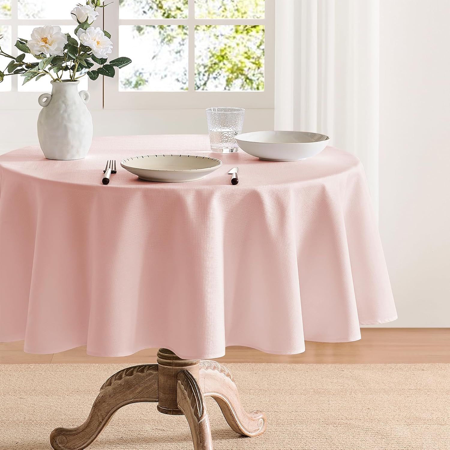 Faux Linen Tablecloths for Rectangle Tables, Burlap Textured Table Cloths Washable Farmhouse Table Cover Water Resistant for Dining, Wedding, Outdoor(Khaki, 52"×70")